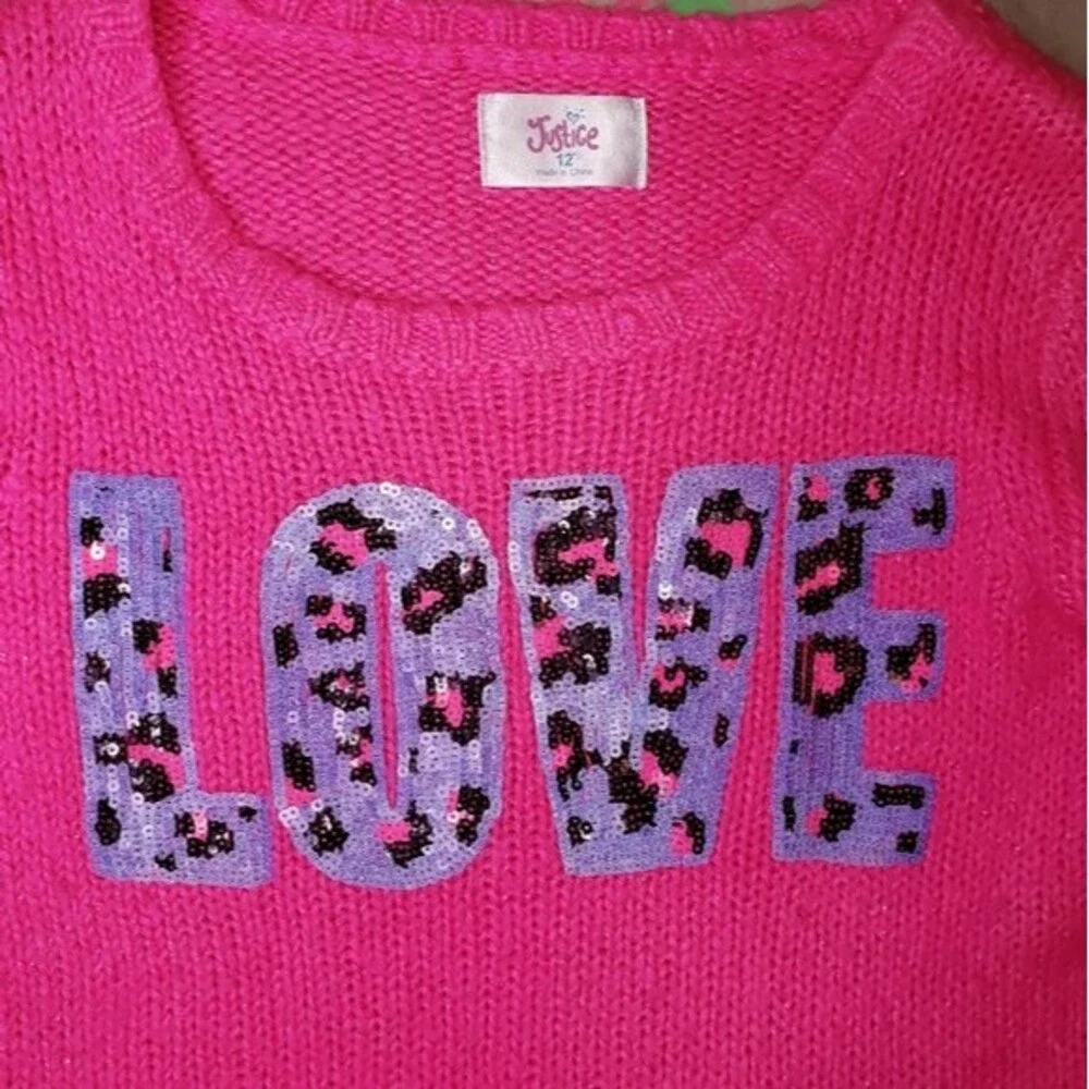 JUSTICE LOVE HOT NEON PINK SEQUINED SWEATER SIZE 12